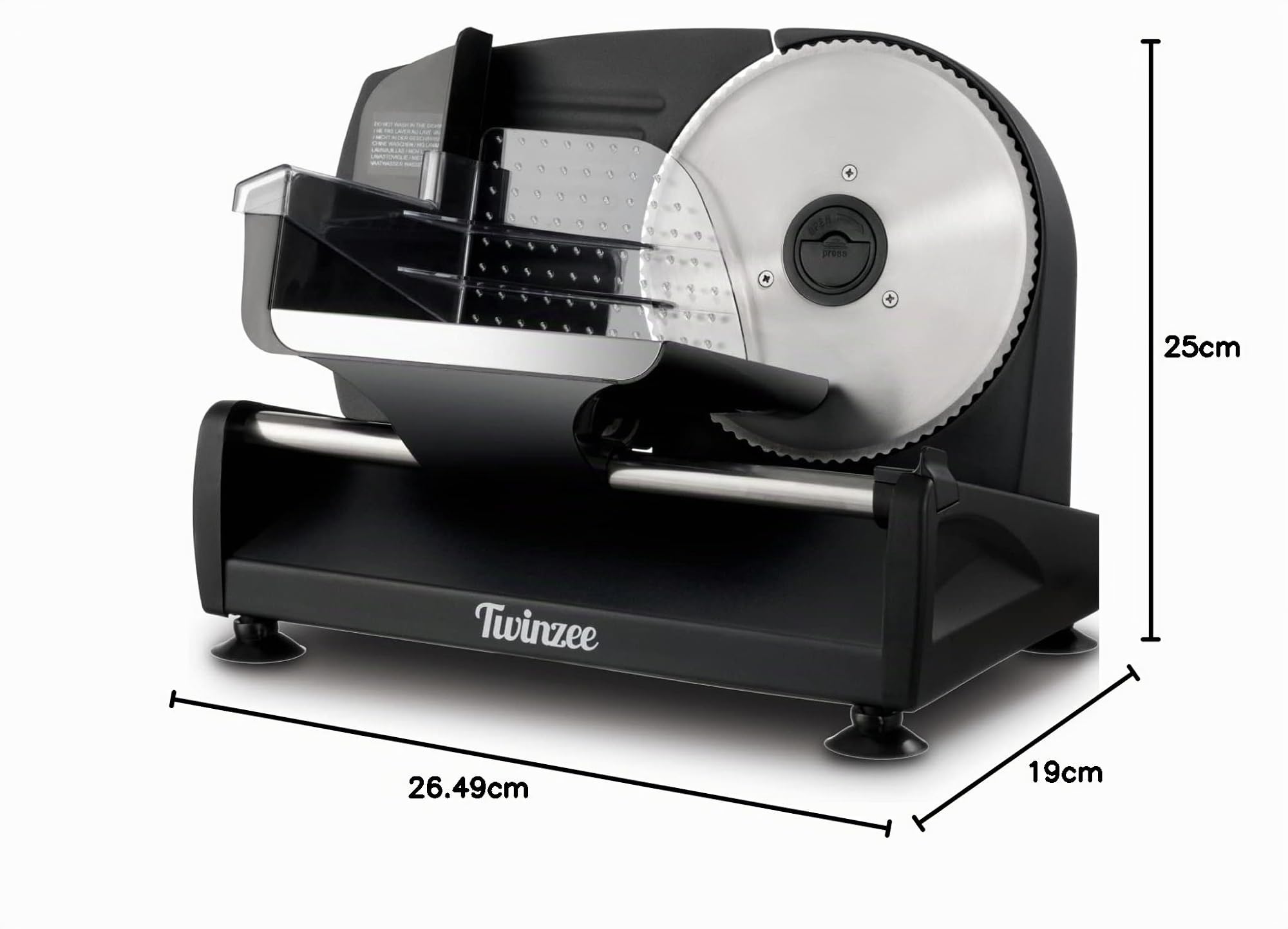 Twinzee Cortadora de Fiambre Electrico 150W Negra – 2 Cuchillas, Grosor 0-15 mm – Cortafiambres Electrico para Jamón, Embutidos, Carne y Pan