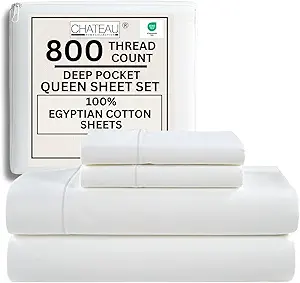100% Egyptian Cotton Sheets Queen Size Bed Set, Deep Pocket Queen Sheet set, 800 Thread Count Cotton Bed Sheets, Naturally Cool Soft Breathable No Pill Elasticated Luxury White Bedding For All Seasons
