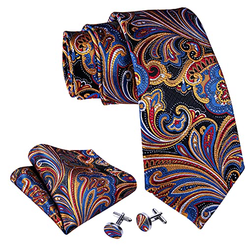 Image of Barry.Wang Men Ties Paisley Woven Silk Necktie Set with Pocket Suqare Cufflinks Formal
