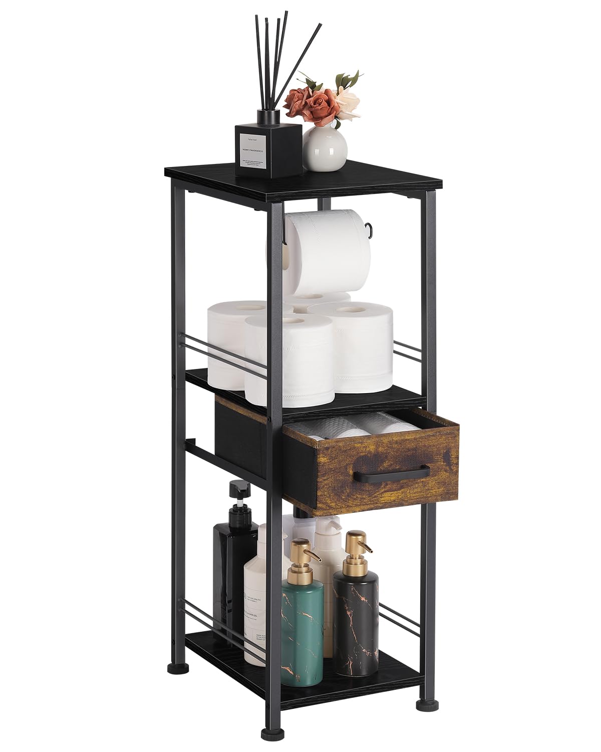 MOOACE Toilet Paper Holder Slim Bathroom Shelf Cabinet with Fabric Drawer Narrow Bathroom Storage Organizer for Living Room, Bedroom, Laundry Room, Black & Brown