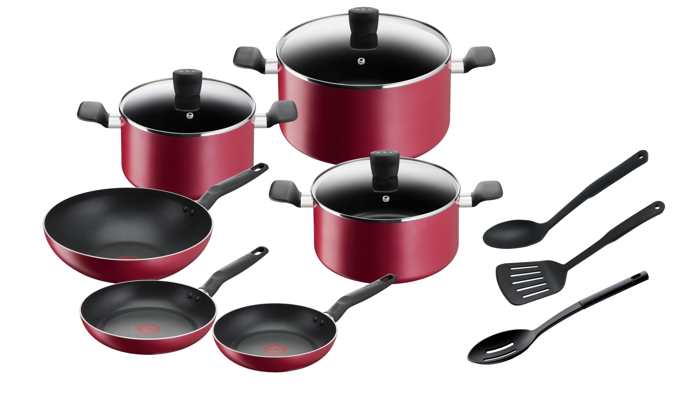 Tefal Super Cook Non-Stick With Thermo-Spot 12 Pcs Cooking Set, Red, Aluminium, B243Sc85