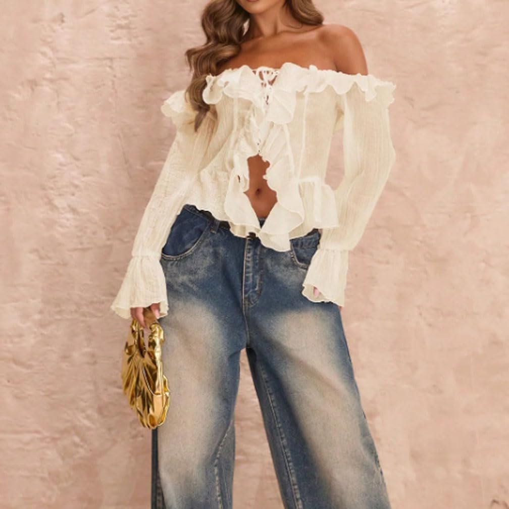 Women Sexy Off Shoulder Open Front Ruffle Trim Crop Blouse Y2k Bell Long Sleeve Bow Tie Up See Through Shirt Top - Image 3