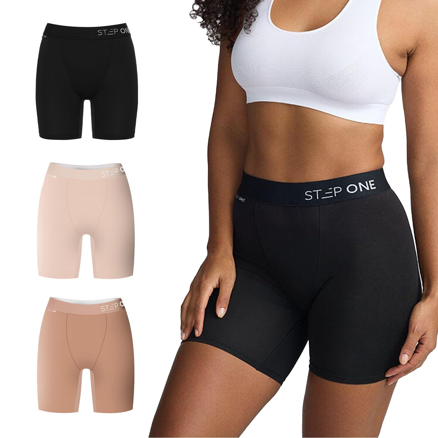 STEP ONE Womens Boxers Underwear Multipack, 3 Pairs, Moisture-Wicking Boxer and Chafe-Reducing Underwear Mixed Pack Medium