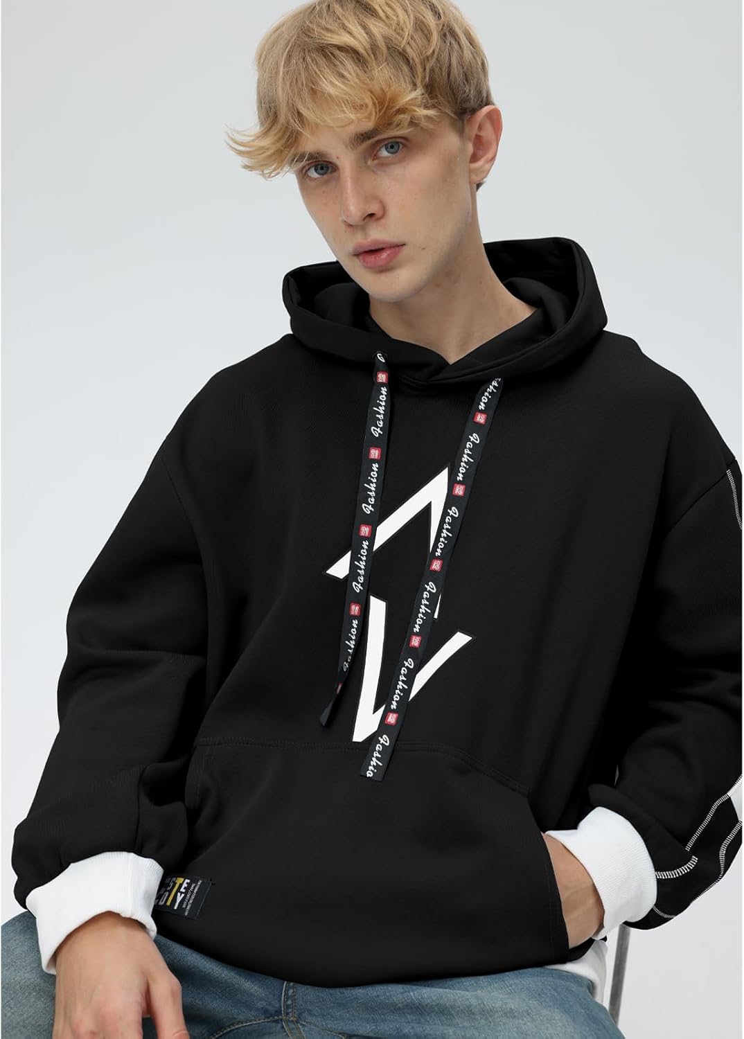 Men's Hoodie Patchwork Contrast Color Hoodies Casual Baggy Sweatshirt Pullover - Image 3