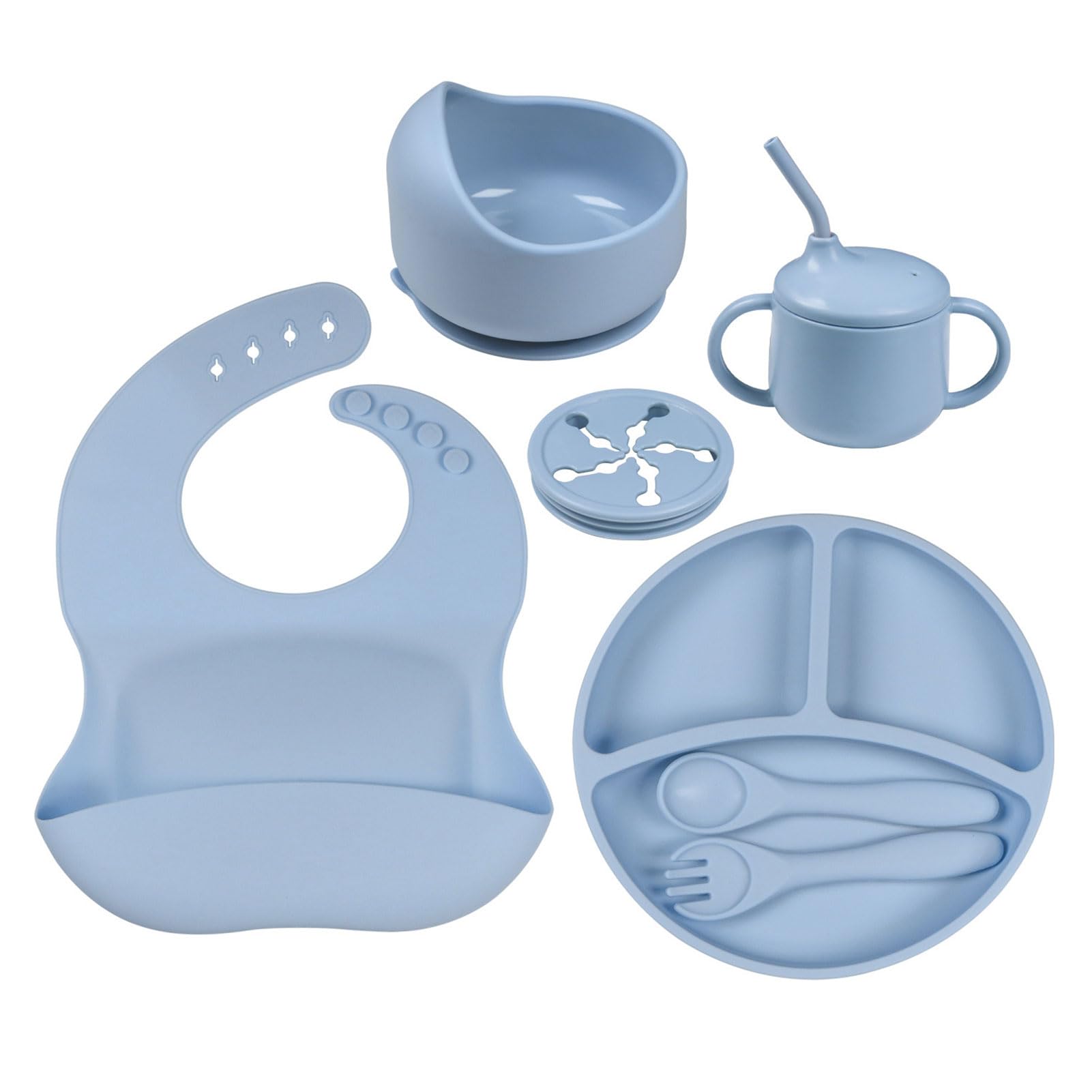 NOGOOSilicone Baby Feeding Set,Baby Led Weaning Supplies Set,Suction Baby Plate Bowl Set with Bib Spoon Fork Cup,baby Feeding Eating Supplies 7 Pack set,BPA Free(Blue)