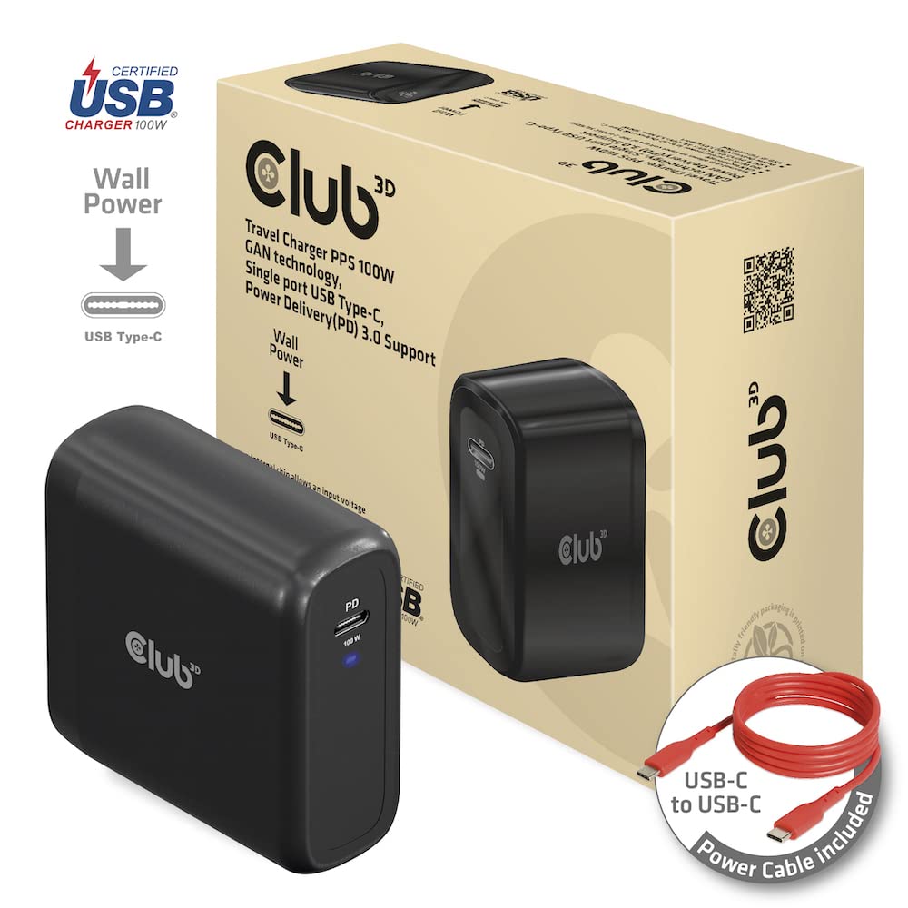 Club3D CAC-1908EU - Caricabatterie da viaggio, 100 Watt, tecnologia GAN, certificazione USB-IF, connettore singolo, USB Type-C, Power Delivery (PD) 3.0