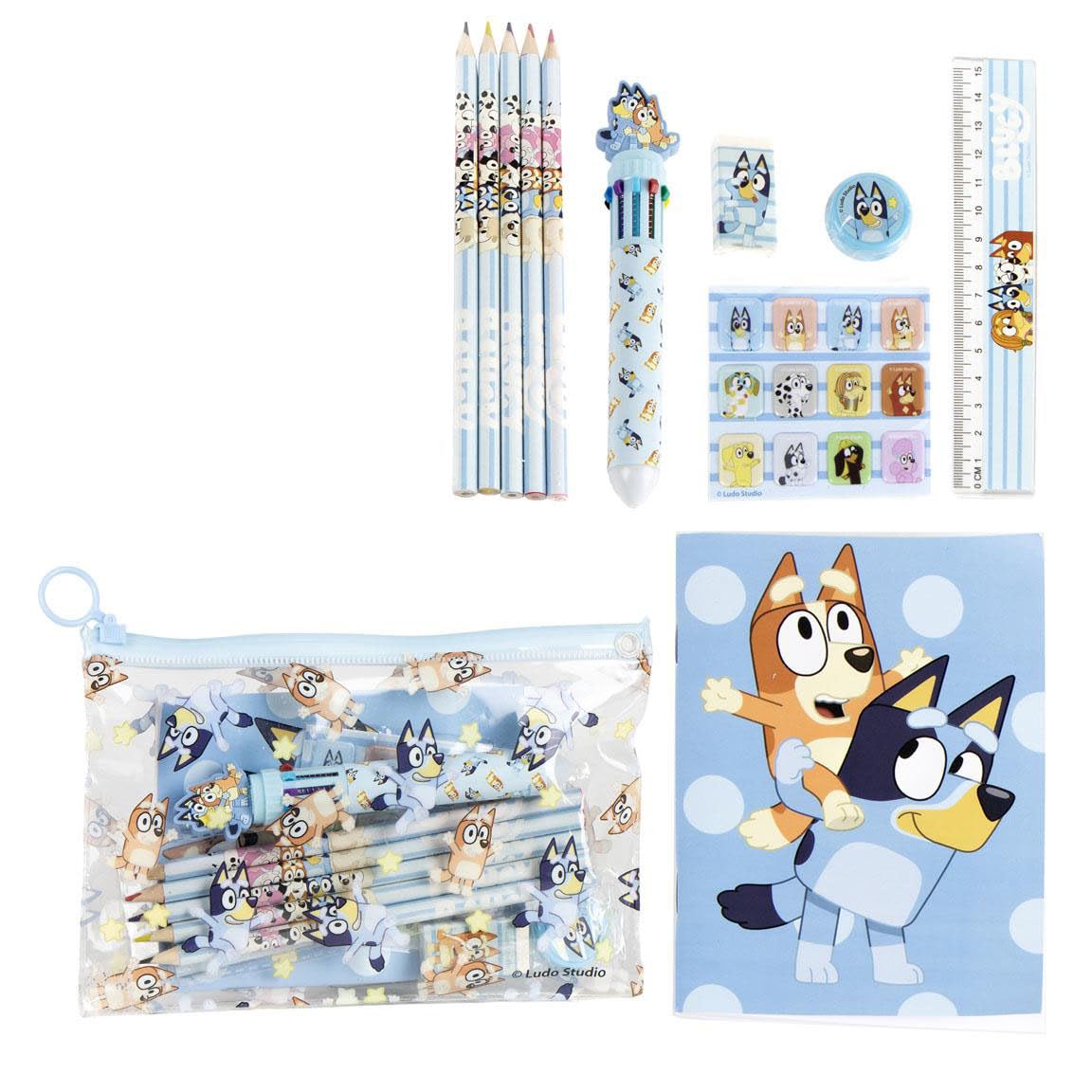 CERDÁ LIFE'S LITTLE MOMENTS Bluey School Stationery Set for Kids, Pencil Case with Colored Pencils, Markers, Ruler and Eraser, Bluey Character School Supplies Kit for Preschool and Elementary