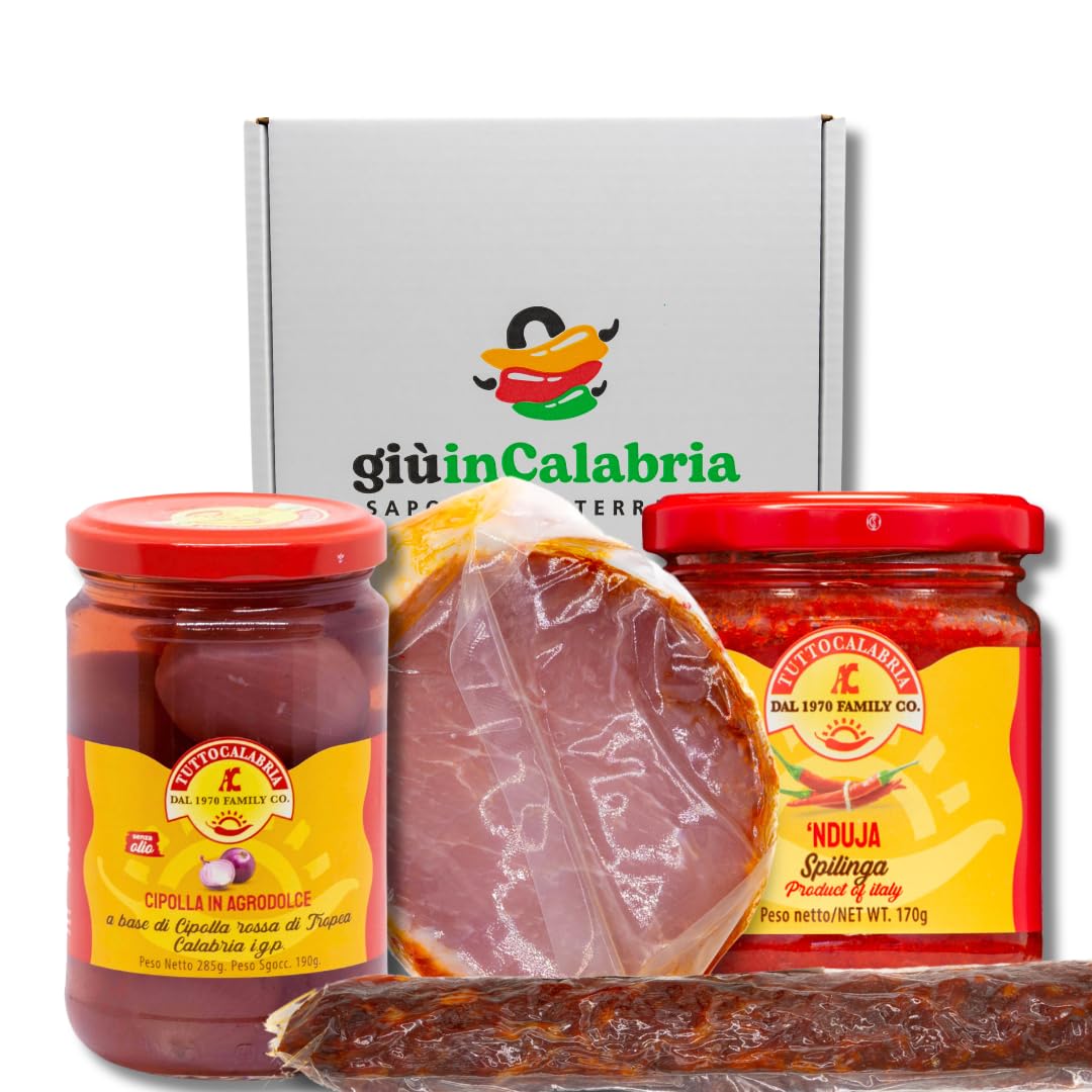 Pizza Kit Calabrese Box Regalo: Salamino, Filetto Casareccio, Cipolla Rossa di Tropea, Nduja di Spilinga - Specialità Gastronomiche per Aperitivi, Pizza e Panini - Sapori Mediterranei
