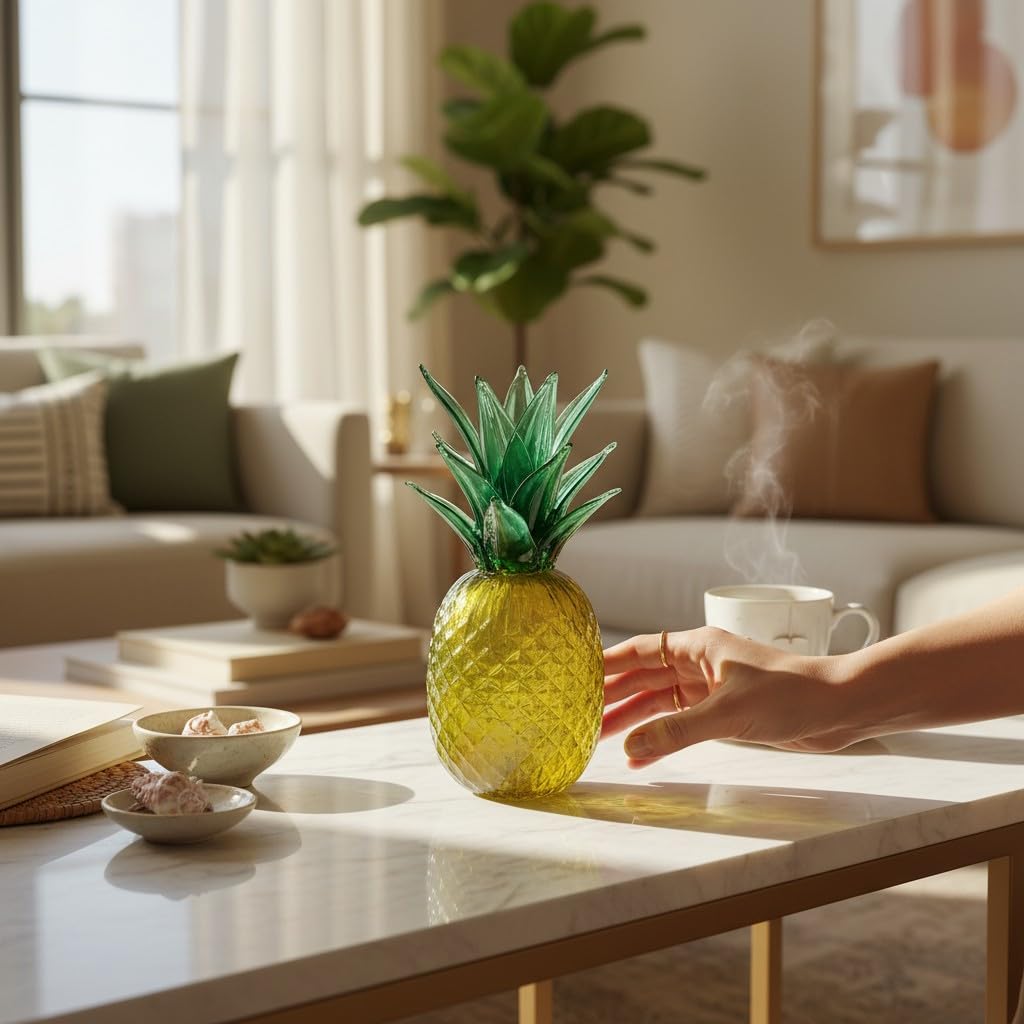 Sculpture Ananas en Verre de Murano Certifié « Aura Tropicale » H28cm Fait à la Main Objet Décoratif de Luxe Authentique Fabriqué en Italie