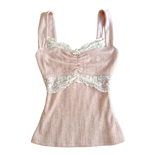 Women Fairy Grunge Tank Tops Vintage Aesthetic Lace Trim Cami Shirt Slim Fit Knit Ribbed Coquette Clothes - Pink - Large