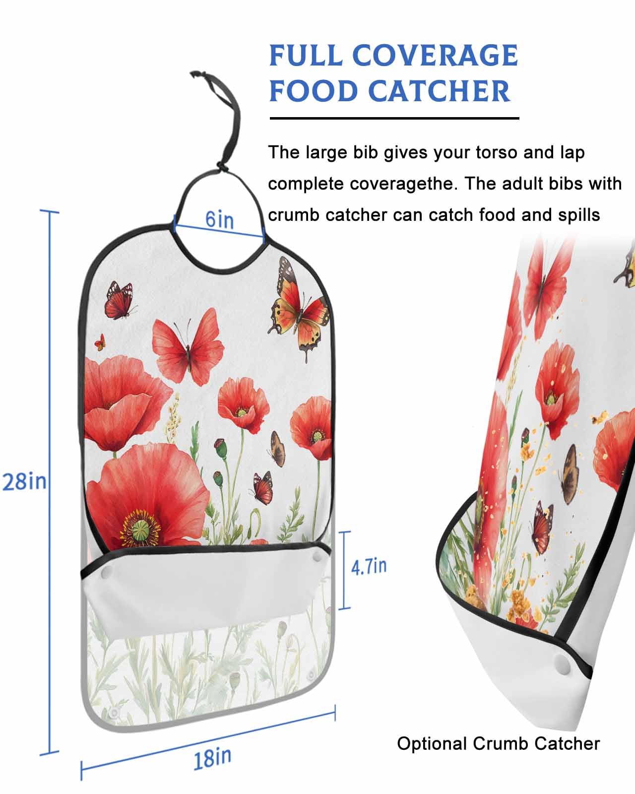 Onekaccu Red Flower Adult Bibs for Elderly Women Men Washable Bibs for Eating, Spring Butterfly Green Leaf White Watercolor Waterproof Clothing Protectors Adult Bibs with Crumb Catcher