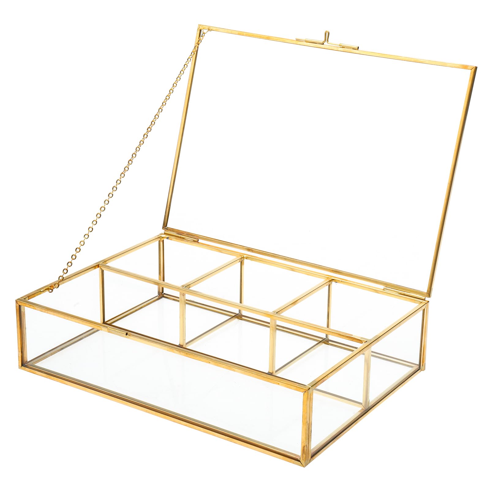HighFree Golden Vintage Glass Box, Clear Keepsake Box Jewelry Organizer and Counter Top Collection Display Case, Decorative Clear Glass & Brass Box