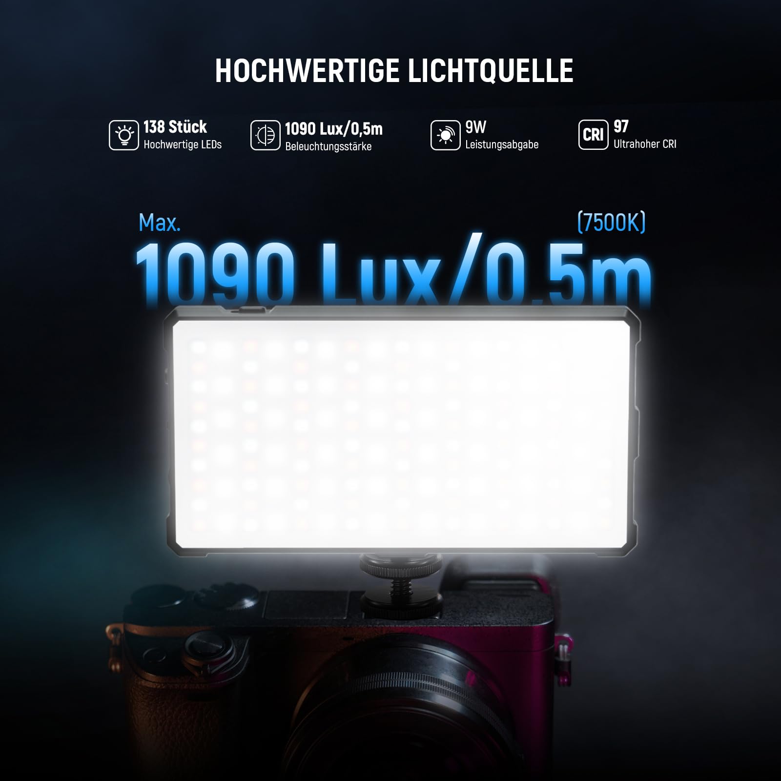 NEEWER Basics RGB Videoleuchte, 9W, 2700K–7500K, alle RGB Farben, 17 Szenen, CRI 97, 4000mAh, wiederaufladbar, kleines LED Kamera Panel aus Metall für DSLR, Stativ, Streaming und Videoaufnahmen, SL90C