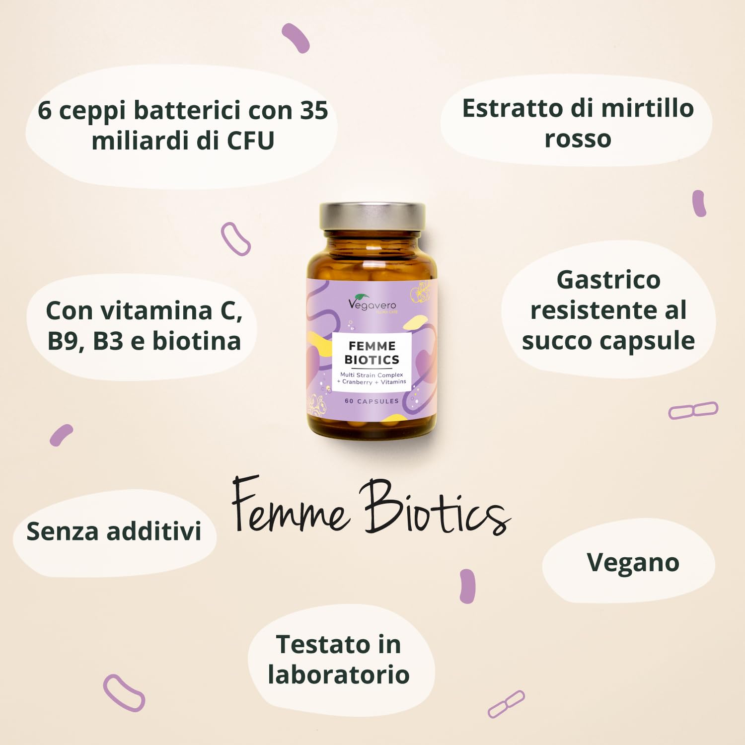 Probiotici Donna | 35 Miliardi UFC/giorno da 6 Ceppi Batterici | con Mirtillo Rosso, Vitamine, Lattobacilli e Bifidobatteri | per Flora Intima e Vie Urinarie | 60 capsule | Vegan | Vegavero