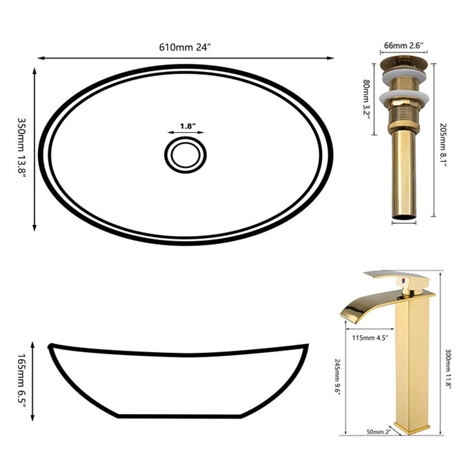 Gold Badezimmer Gefäß Waschbecken Oval Combos Wasserhahn und Ablauf-Set Keramik Waschbecken über Theke Schüssel Waschbecken für Badezimmer Bootsform Gefäß Waschbecken Gold Badezimmer