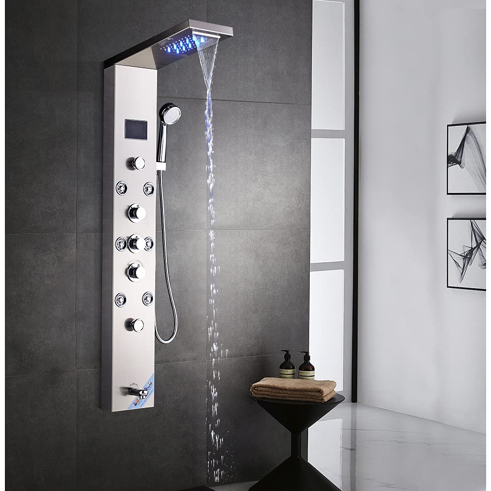 LED Colonna Doccia Idromassaggio Pannello Doccia Set con 5 Funzioni in 304 Acciaio Inox,Miscelatore da Massaggi, Soffione Fisso, Doccetta e Bocca Vasca per Bagno