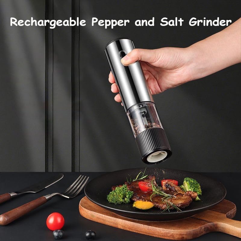 Image of Electric Salt and Pepper Grinder Stainless Steel Pepper Mill with Light Push Button One-Hand Operation Adjustable Coarseness (Silver)