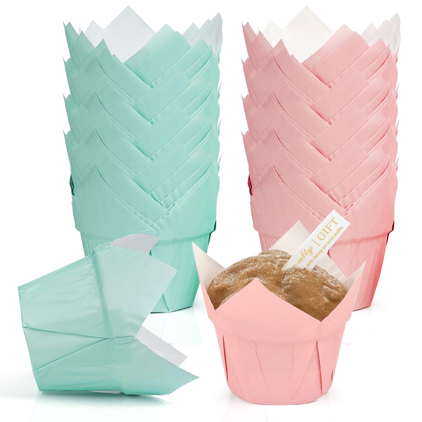 Muffinform Papier, 100 Stück Mini Muffins Papierförmchen Tulpen Muffinförmchen Papier Grün und Rot Einweg Fettdicht Cupcake Förmchen Backbecher für Hochzeit Geburtstag Party Küche, Haushalt & Wohnen