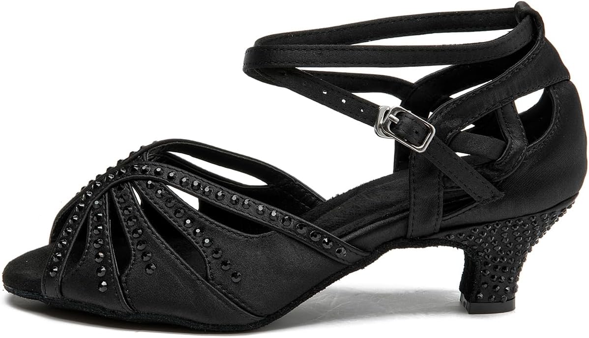 Women’s Ballroom Latin Salsa Dance Shoes, 2-Inch Low Heel, Comfortable with Rhinestones, Suede Sole, Lightweight, for Beginners, Practice, Social & Party