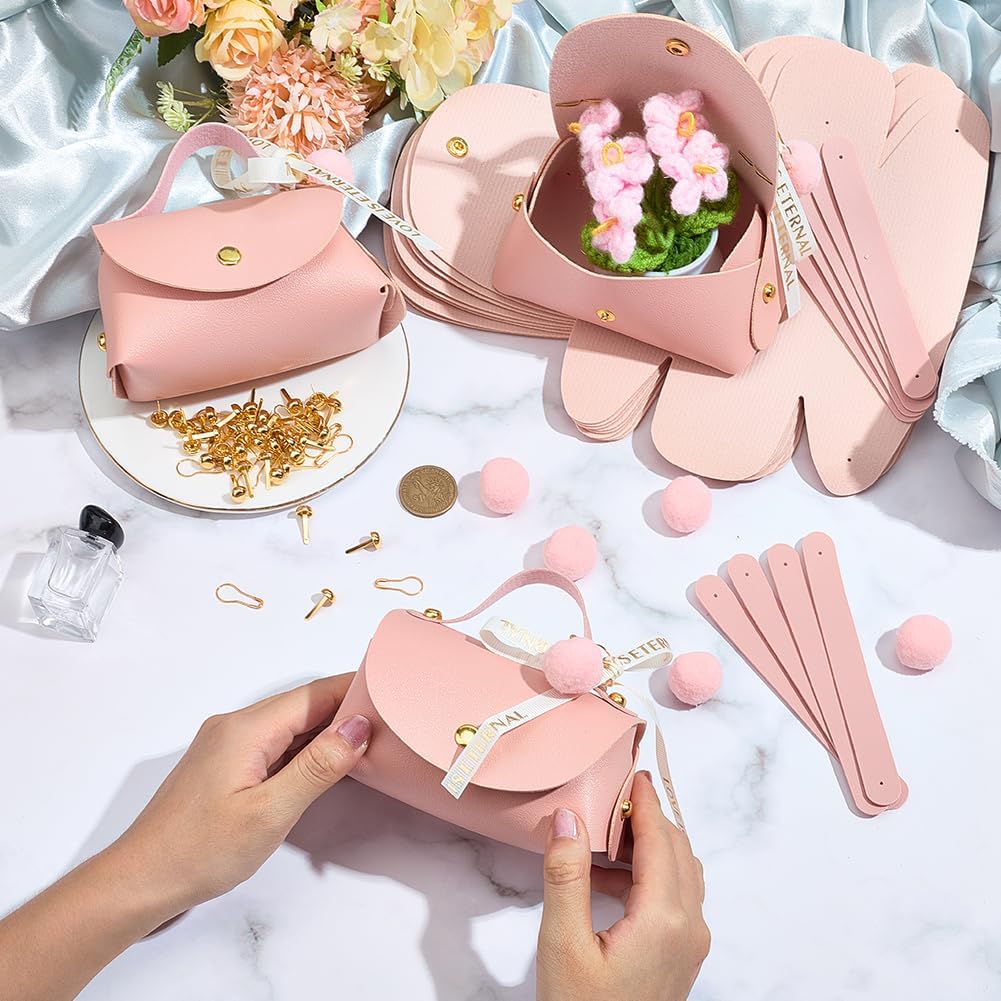 CALFOVERA 12 Sets Pink PU Leather Party Favor Boxes Mini Leather Gift Wrapping Handbags Reusable Chocolate Candy Bags Elegant Treat Purses with Ribbons for Birthday Wedding Halloween Christmas - Image 4