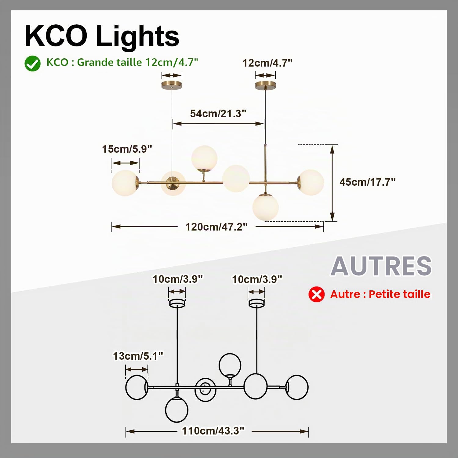 KCO Lighting Lustre Vintage en Verre à 6 Lumières Pour Salon, Lustre Linéaire Moderne en Forme de Globe Blanc, Luminaire Suspendu Doré en Laiton du Milieu du Siècle Pour Cuisine