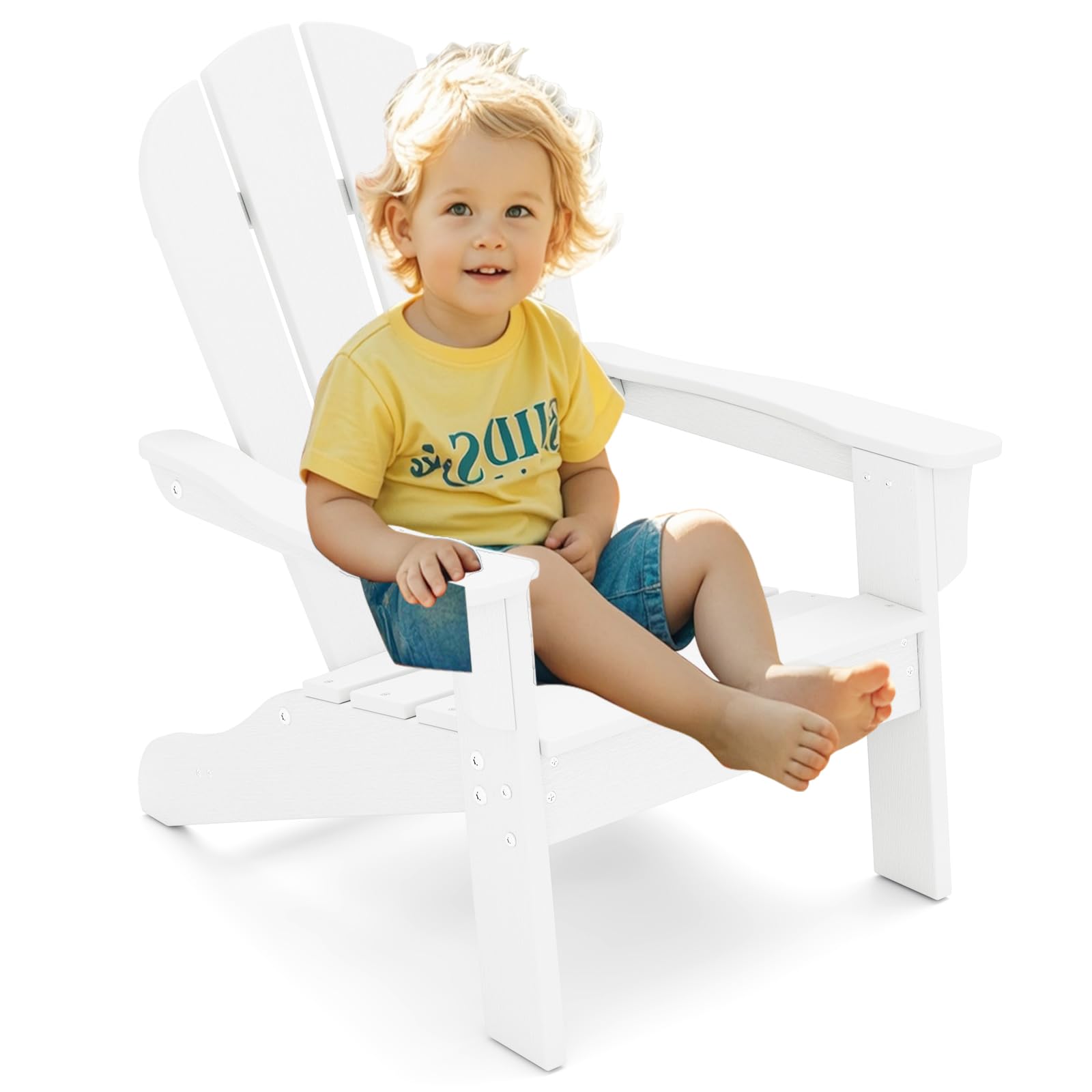 COSTWAY Chaise Adirondack de Jardin Enfant en HDPE avec Design Ergonomique 105°, Fauteuil de Jardin Extérieur avec Accoudoirs & Siège à Lattes, Charge 75kg pour Enfant de 3-8 Ans (Blanc)