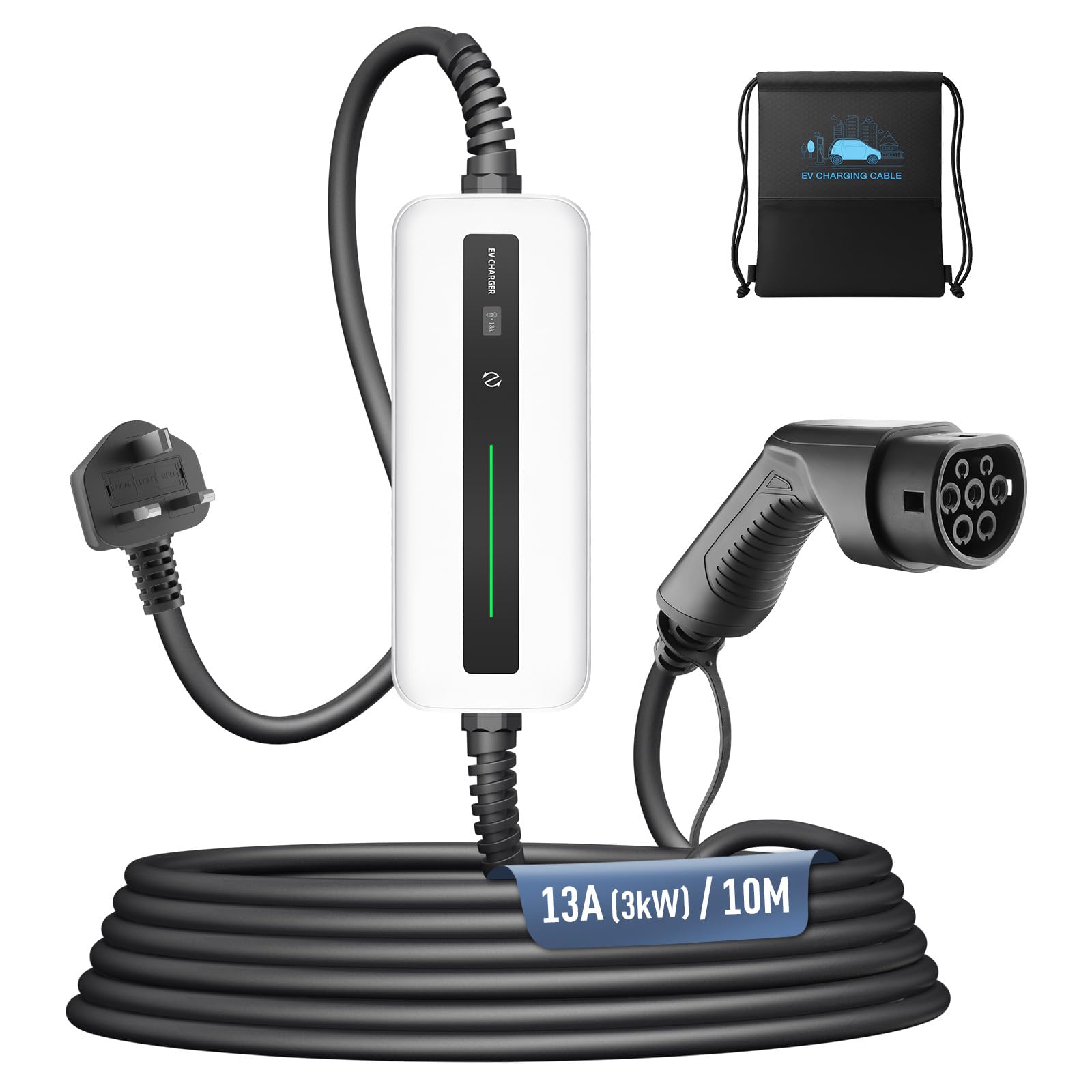 Morec Cargador EV de 3 KW, 8 A/10 A/13 A, cargador de coche eléctrico variable para el hogar, cable de carga tipo 2 de 3 pines, 10 m