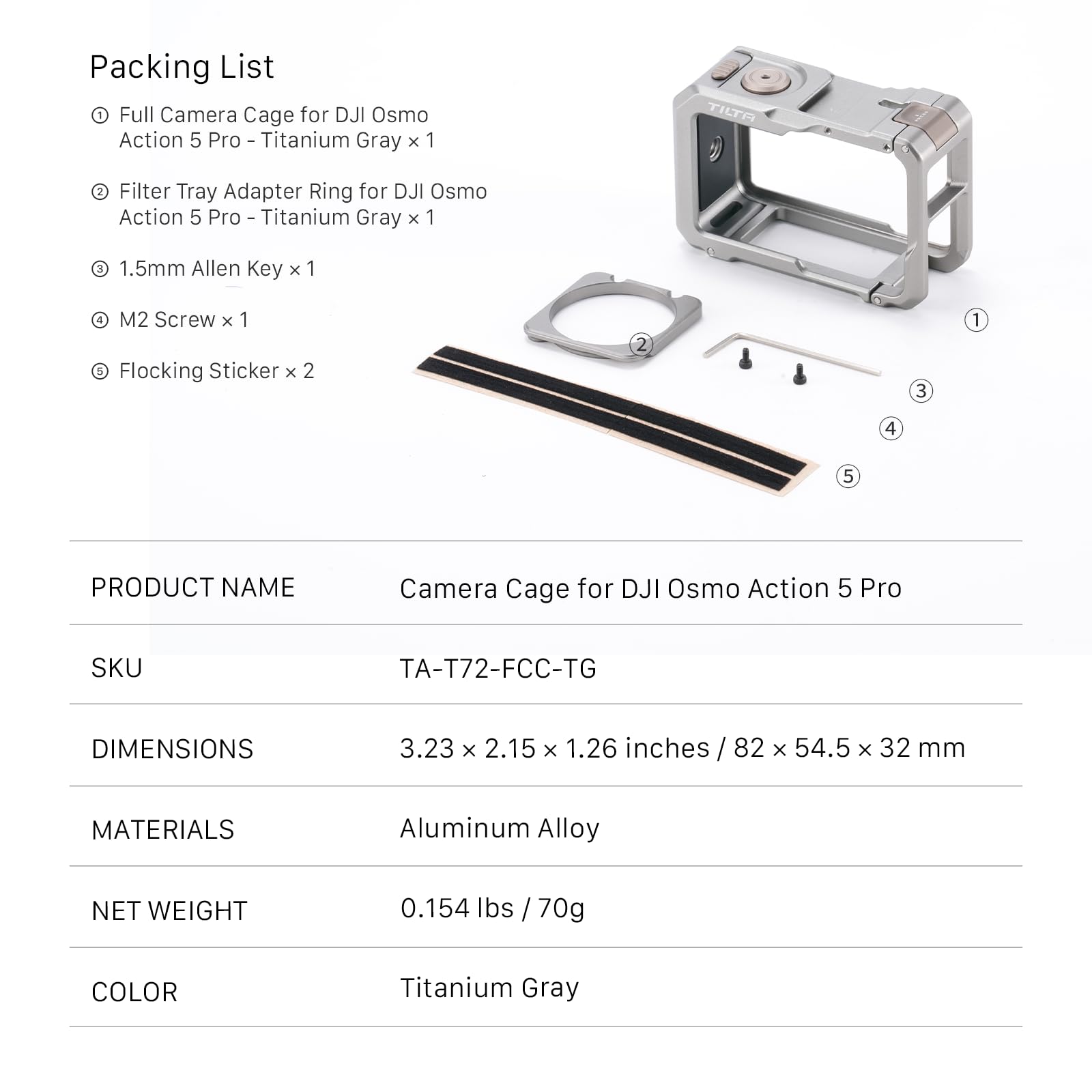 Tilta Cage Osmo Action 5 Pro, Cage Complète pour Caméra Compatible avec DJI Osmo Action 3, Action 4, Action 5 Pro avec Filetage 1/4"-20, Récepteur Cold Shoe - Gris Titane TA-T72-FCC-TG