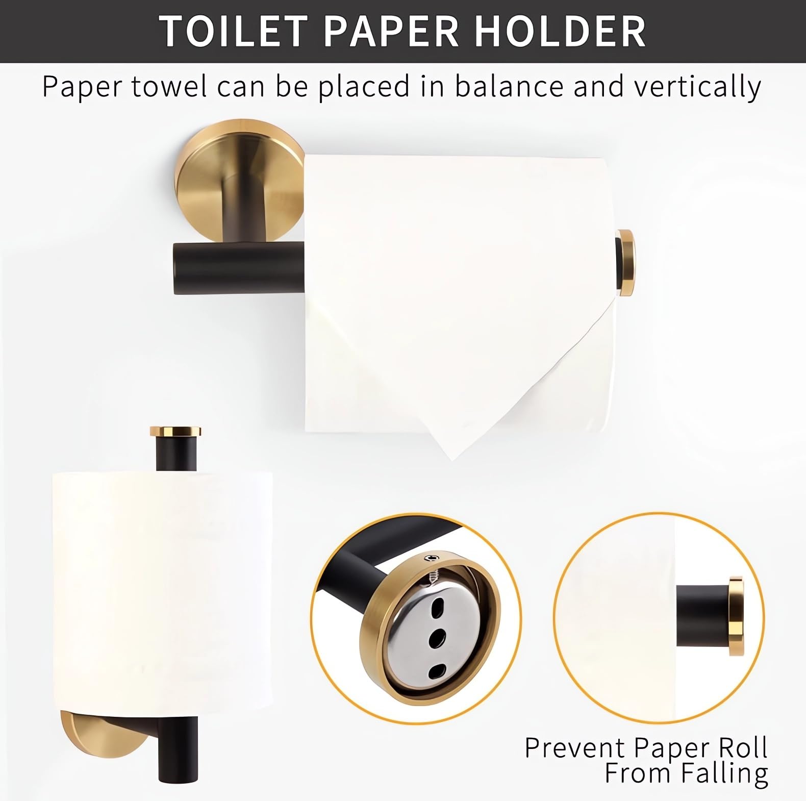 Set 10 Accesorios Baño Inoxidable Toalleros Portarrollos (Negro/Dorado) | Toalleros de Baño Juego de Accesorios,Toallero Barra+Portarrollos para Papel Higiénico+Toallero de Anilla+Gancho para Pared