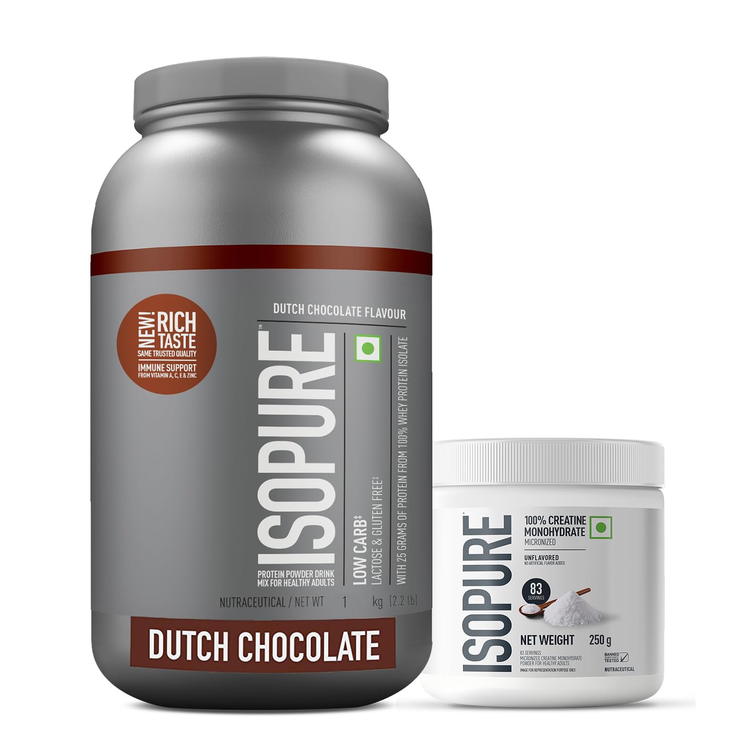 Isopure Whey Protein Isolate Powder 2.2 lbs, 1 kg (Dutch Choc), Lactose-Free, Gluten-Free and Isopure 100% Creatine Monohydrate Micronized, 250g- 83 servings