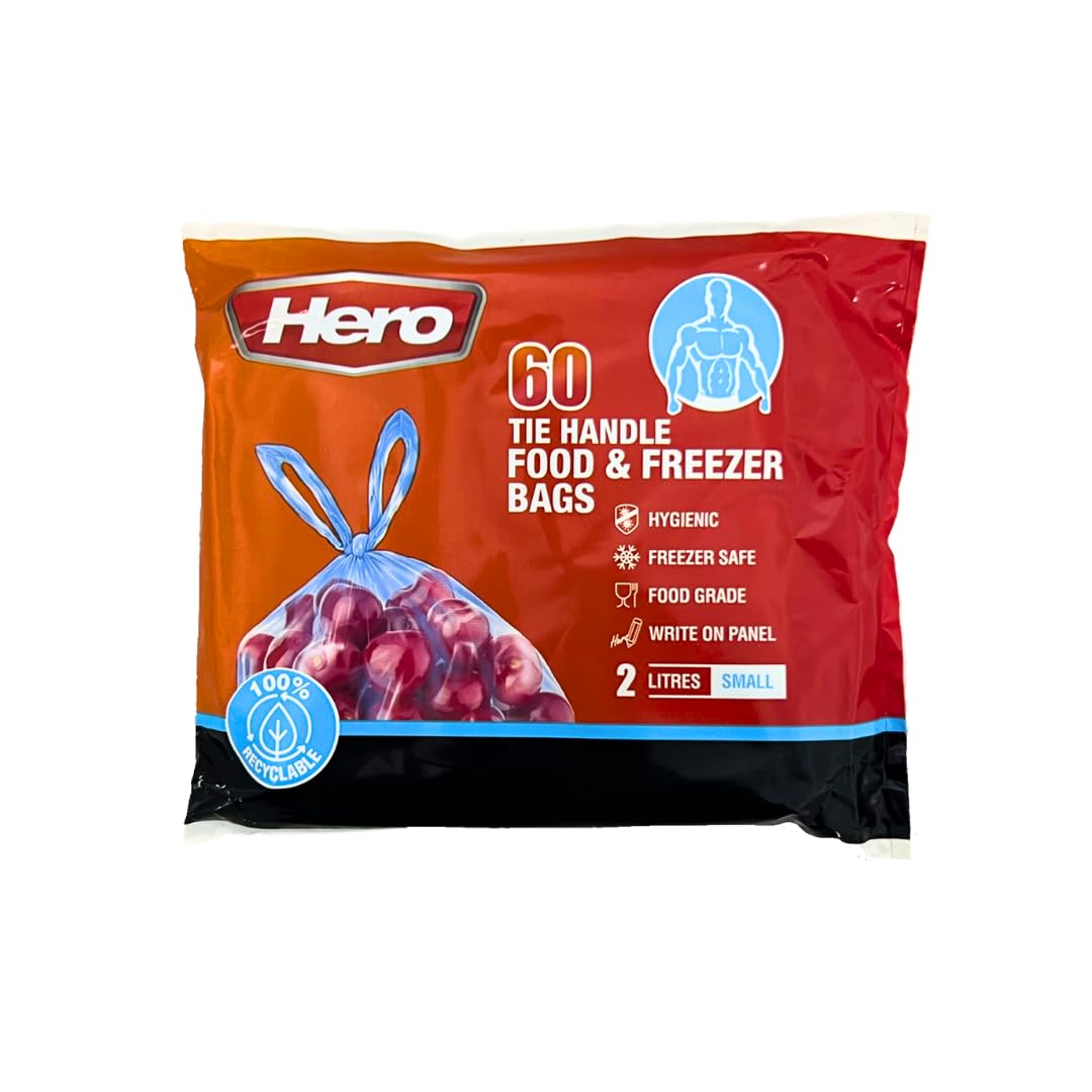 Hero Tie Handle Food Storage Bags (2L) – Reusable BPA-Free Sandwich Bags with Secure Seal | Airtight Freezer & Refrigerator Bags for Fruits, Vegetables, Meat & Grains