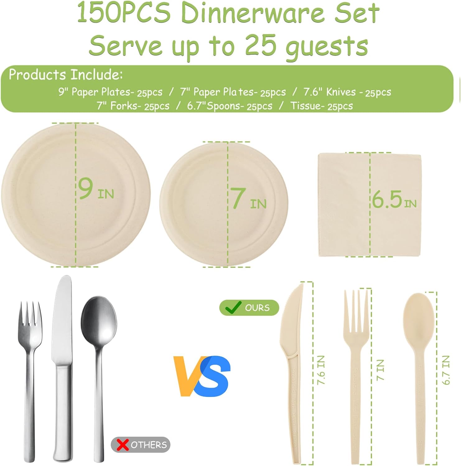 150 Piece (25 Sets) Biodegradable Paper Plates Set Disposable Heavy-Duty Eco Friendly Dinnerware Set,Include Plates,Forks,Knives,Spoons,Napkins for Birthday Camping Party Picnic BBQ