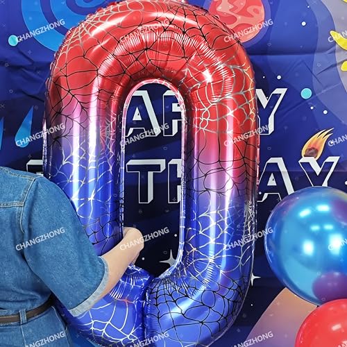 Image of 40 In Red And Blue Spider Theme Large Number 0 Balloon | Giant Large Helium Foil Balloon for Boy or Girl 0 th Birthday Wedding Anniversary Baby Shower Party Decorations