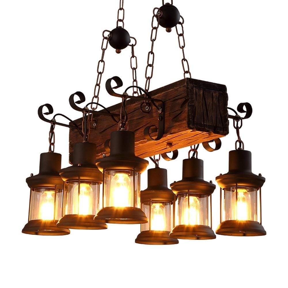 JIAODIE Wood Retro Chandelier Industrial Vintage Pendant Light 6 Heads Woody Metal Bedroom Restaurant Suspension lamp Cage Frame with Glass Shade House Loft Bar Coffee Decoration Ceiling Light,6*E27