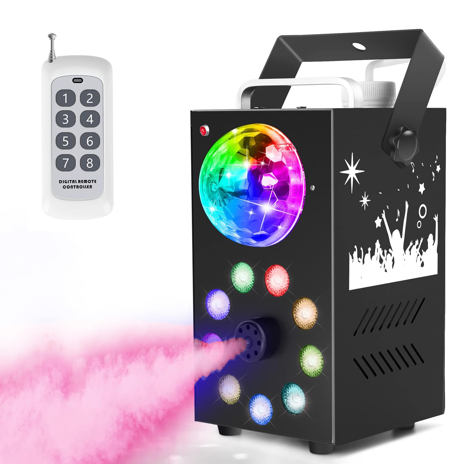 Wytwornica mgły o mocy 700 W, wytwornica dymu z 9 diodami LED RGB i kulą dyskotekową, wytwornica mgły 3 w 1 z bezprzewodowym pilotem