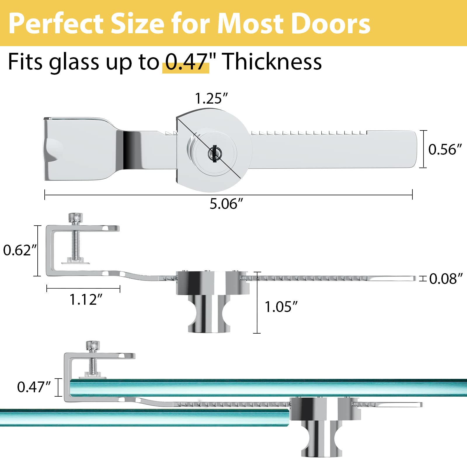WOOCH Sliding Glass Door Ratchet Lock – 2-Pack Keyed Alike, Chrome Finish, Fits Glass Up To 0.47" – For Display Cases & Trophy Cabinets