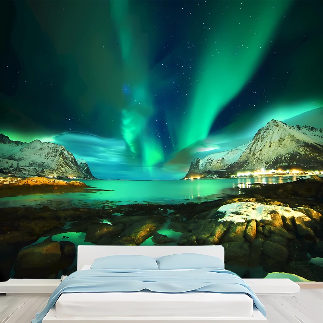 Dskjoviality Northern Lights-8 Green Aurora Northern Lights Wallpaper Mural Mountain Sea Night Scene Custom Size Removable For Bedroom Living Room Kids Room
