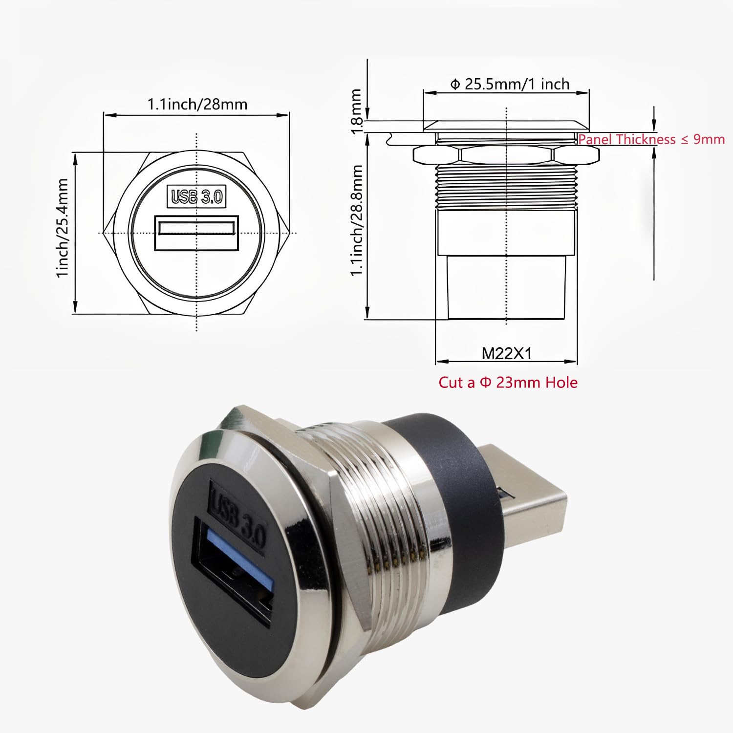 USB 3.0 Stecker auf Buchse, wasserdichter Montageadapter, 5 Gbit/s Datenübertragung und Laden, runder Gewindekonverter mit Mutterbefestigung für Panelmontage, staubdicht und langlebig
