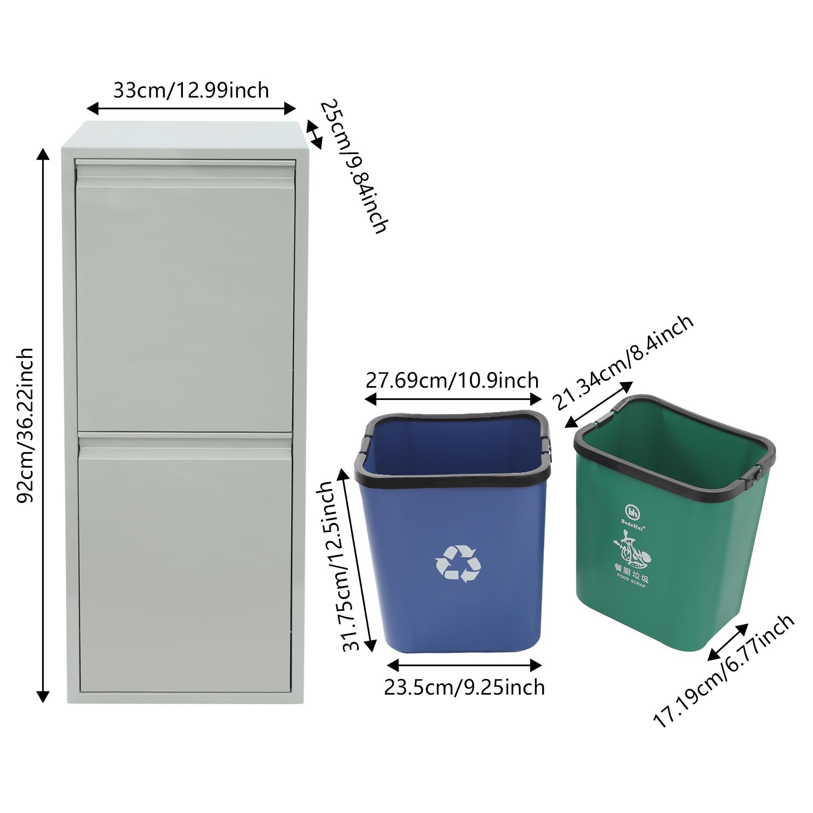 Abfall- und Recycling-Schrank mit 2 Eimern, 15 Gallonen, Grau/Blau/Grün, Edelstahl und Kunststoff, Kippbare Tür, Modern, 33x25x92 cm