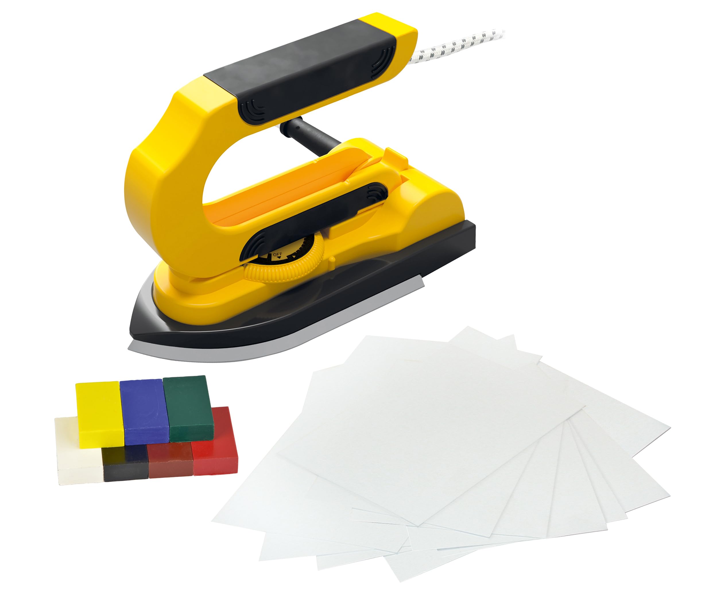 Pebaro 0274 Encaustic - Juego de utensilios para pintar con plancha para cera, 7 bloques de cera, 5 tarjetas blancas A5 y DIN A6, amarillo, 22 x 6 x 16 cm