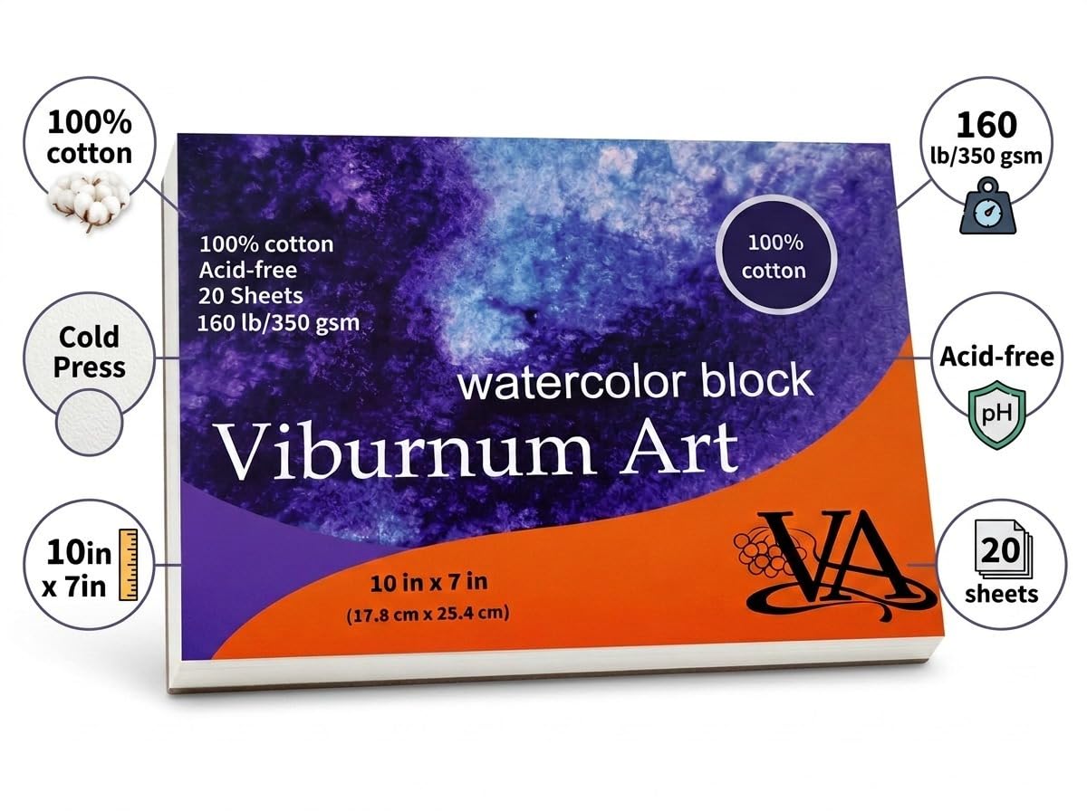 Viburnum Art Bloc de papier aquarelle en coton 72,6 kg/350 g/m² Presse à froid Bloc de papier aquarelle pour adultes et étudiants 20 feuilles 25,4 x 17,8 cm