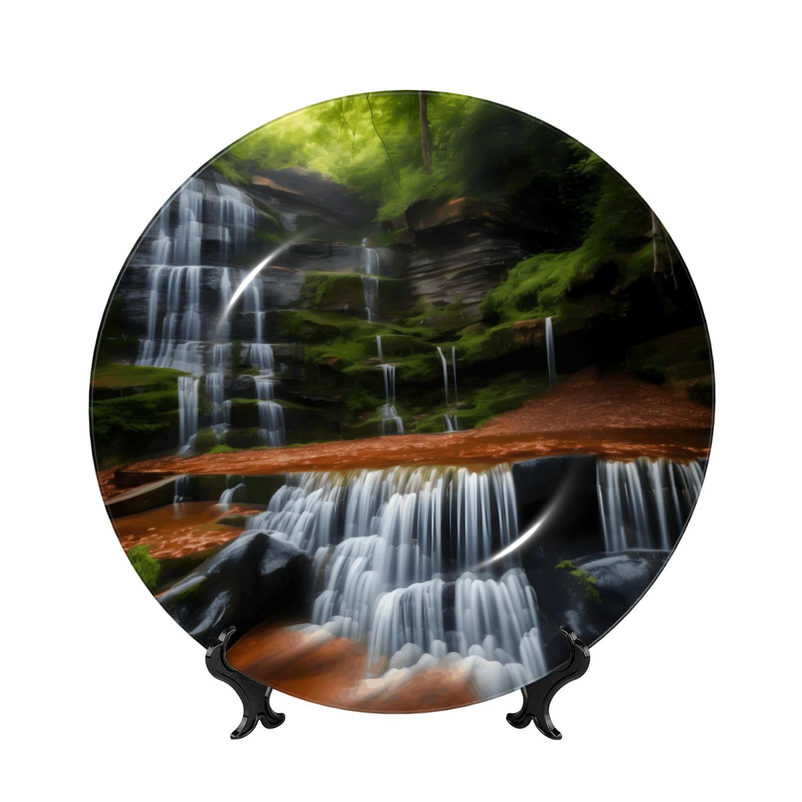 SXZVVBN Waterfall View Bone China Decorative Plate Art with Stand Removable Adhesive Hanging for Home Office 6in（15cm）