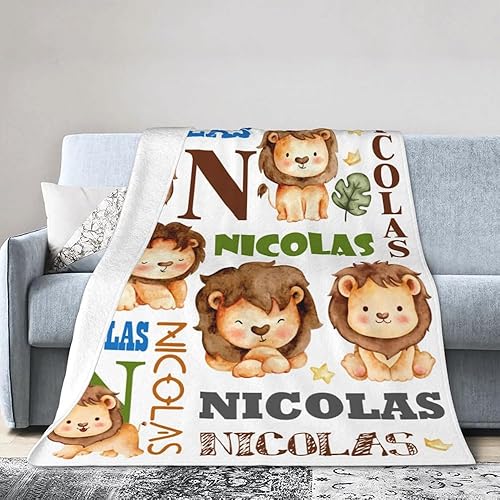 Miniatura 6 de Mantas personalizadas de león para niños y niñas, manta de felpa personalizada con nombre, forro polar suave, cálido y acogedor, regalos de