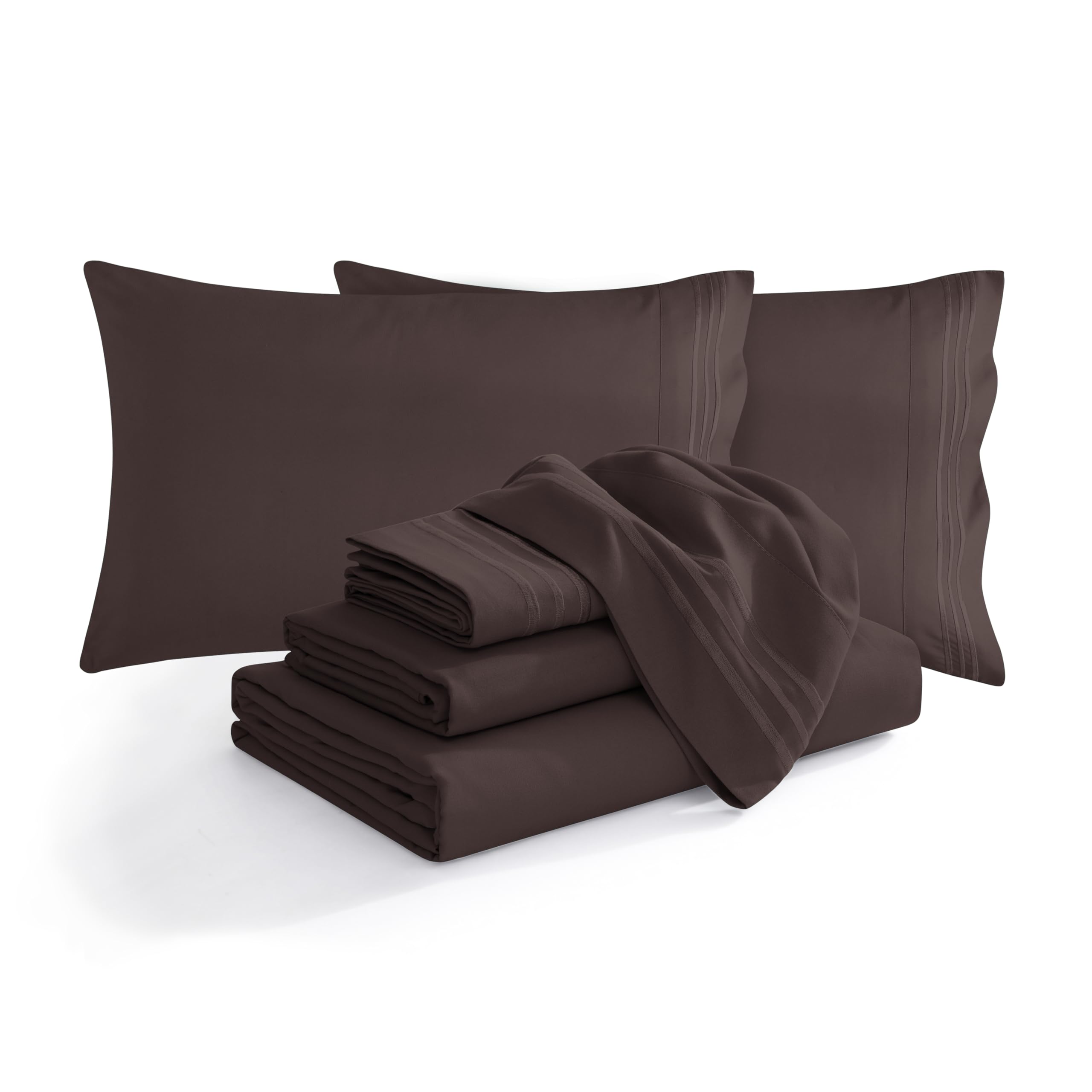 Elegant Comfort Luxury Soft 1500 Premium Hotel Quality Microfiber Wrinkle and Fade Resistant Cozy 6-Piece Bedding Set, Easy All Around Elastic Fitted Sheet, Deep Pocket, Queen, Chocolate Brown