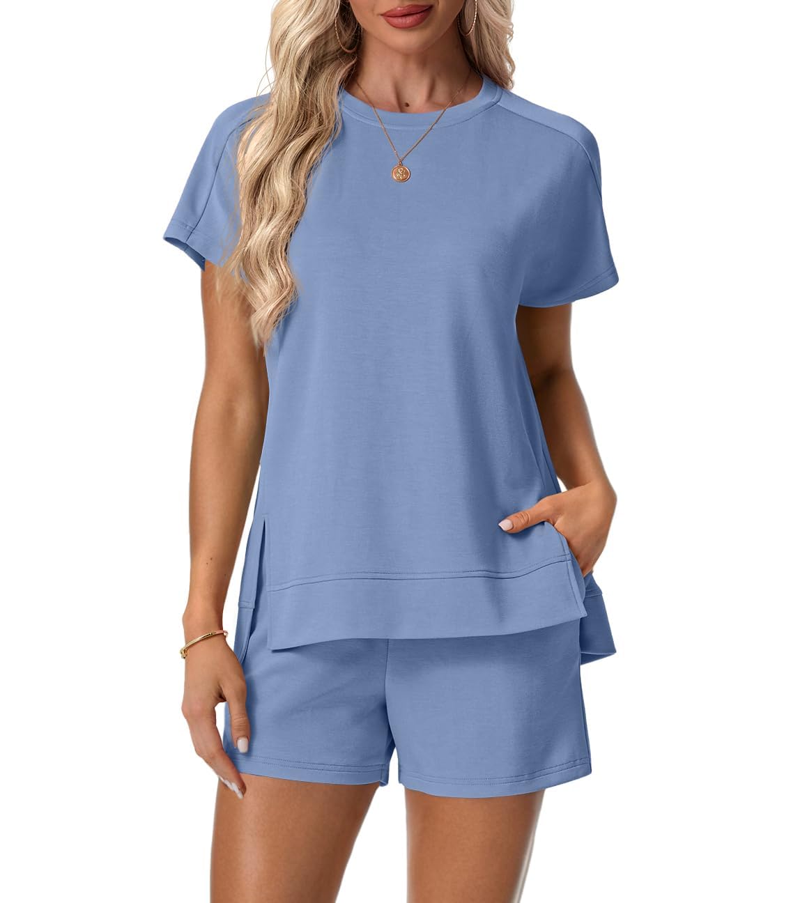 Lepunuo 2 Piece Short Sets for Women Summer Outfits Short Sleeve Tops Elastic Waist Shorts Lounge Set Vacation
