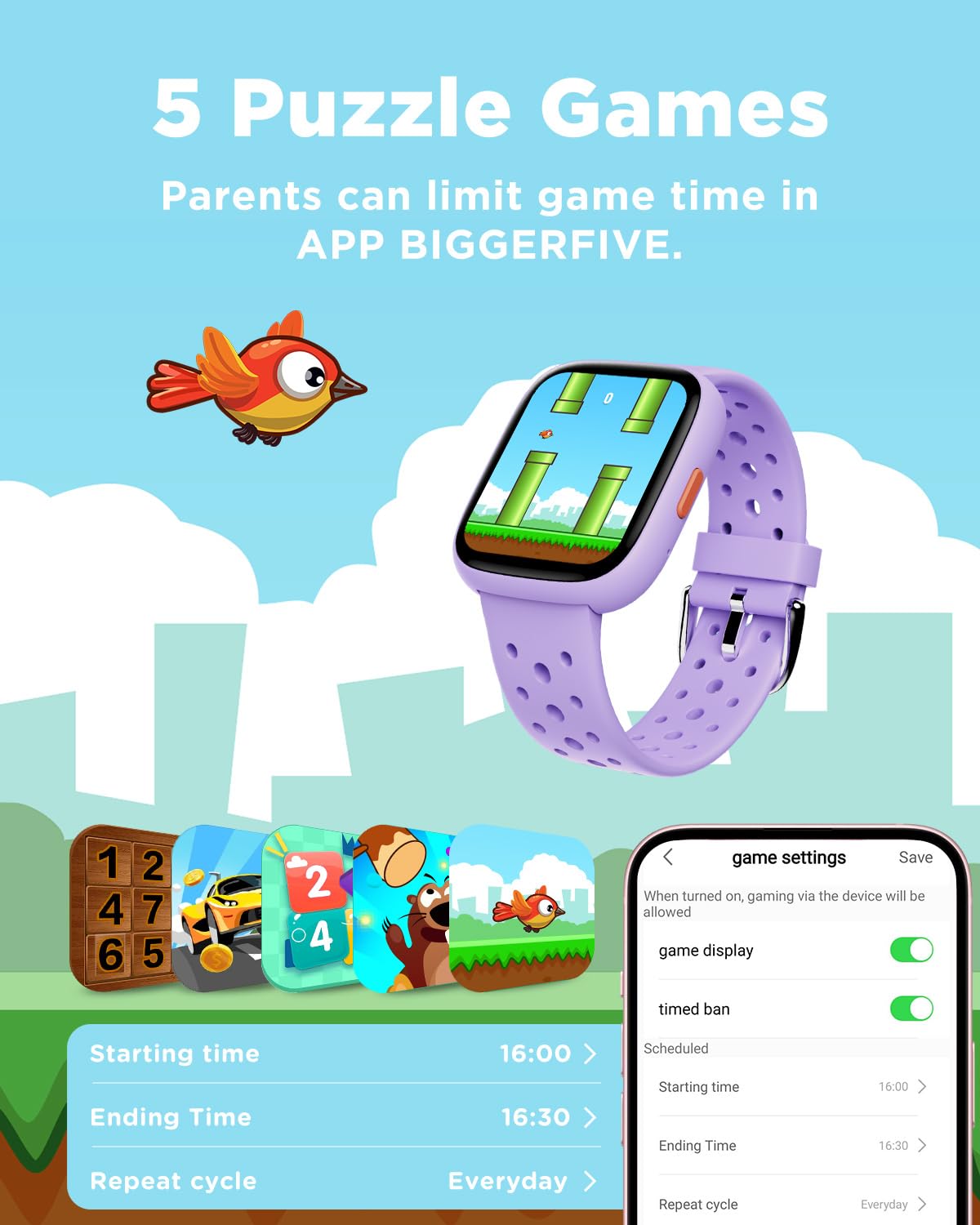 BIGGERFIVE Smartwatch dla dzieci, zegarek fitness 1,8 cala, krokomierz, puls 24/7, monitor snu, alarm wibracyjny, wodoodporność IP68, gry logiczne z/bez aplikacji, dla dziewcząt, nastolatków 5-16