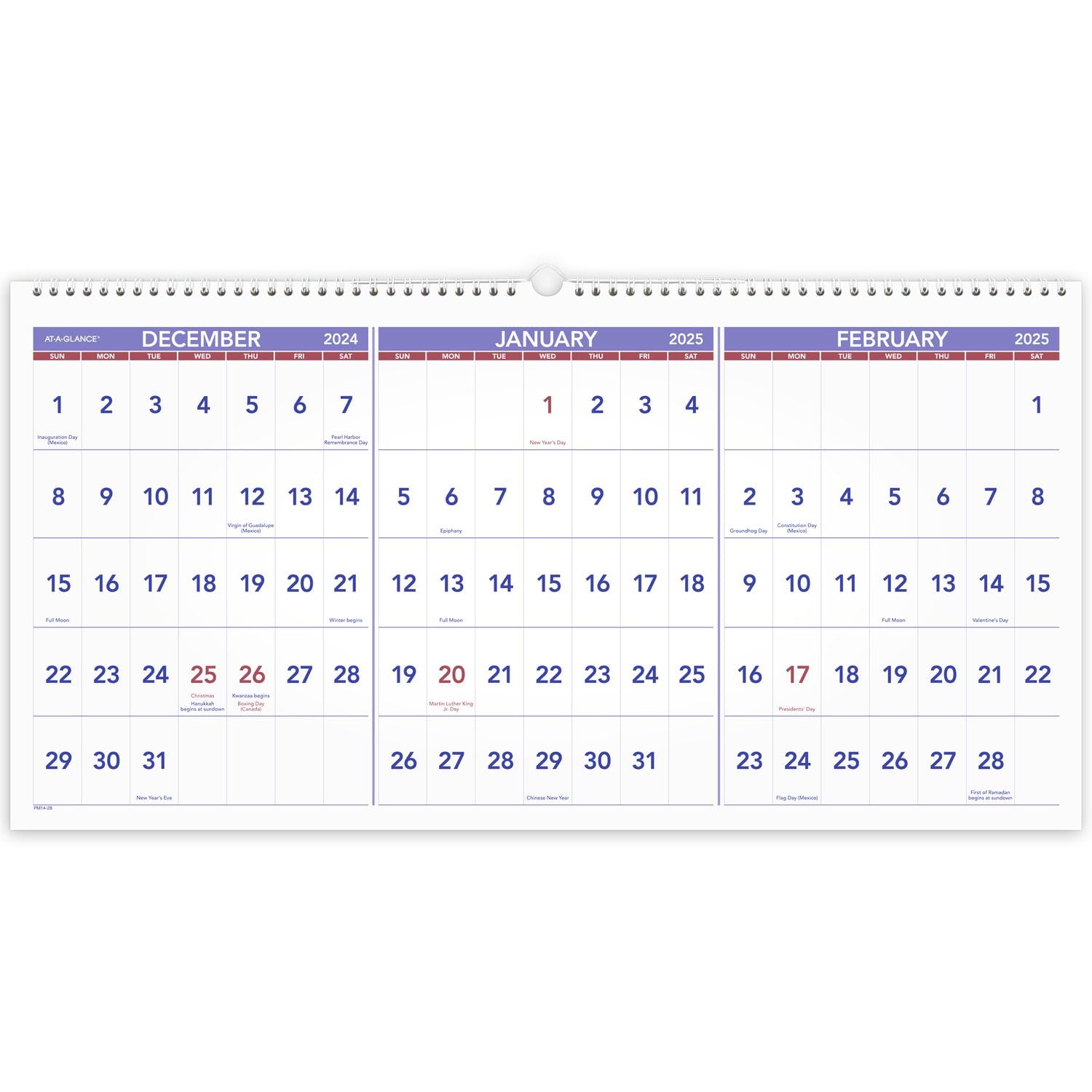 AT-A-GLANCE 2025 Wall Calendar, 24" x 12", Large, Horizontal, 3-Month Reference (PM142825)