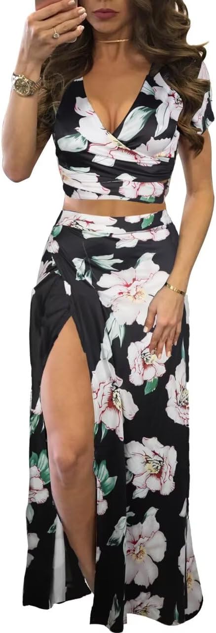 Womens Sexy 2 Piece Outfits Floral Print V Neck Crop Top and High Split Maxi Skirt Sets