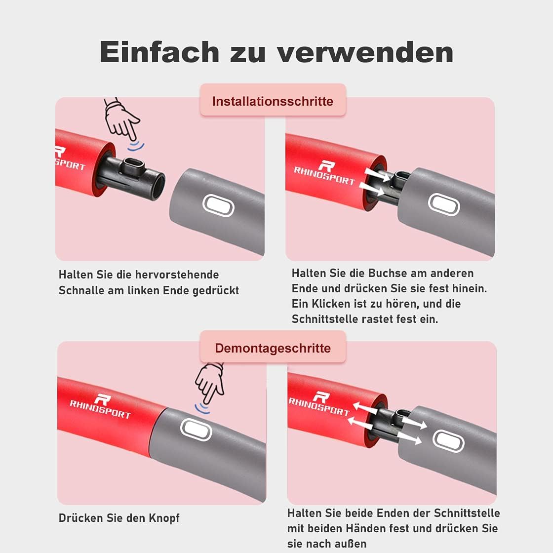 RHINOSPORT Hula Hoop Reifen zum abnehmen Fitness für Erwachsene & Kinder, 8 Teile abnehmbar, Gewicht und Größe können angepasst Werden (1,2 kg) mit Mini Bandmaß