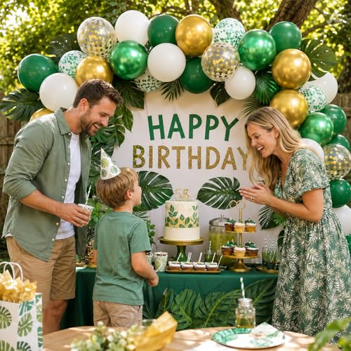 Image of Green and Gold Balloons, 60PCS Metallic Gold and Green Balloons Set, 12 Inch Metallic Confetti Latex Balloon Helium for Birthday Safari Jungle Baby Shower Anniversary Graduation Party Decor
